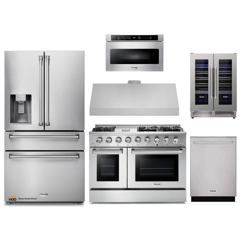 Thor Kitchen 6-Piece Pro Appliance Package - 48-Inch Gas Range, Refrigerator with Water Dispenser, Dishwasher, Under Cabinet 11-Inch Tall Hood, Microwave Drawer, & Wine Cooler in Stainless Steel