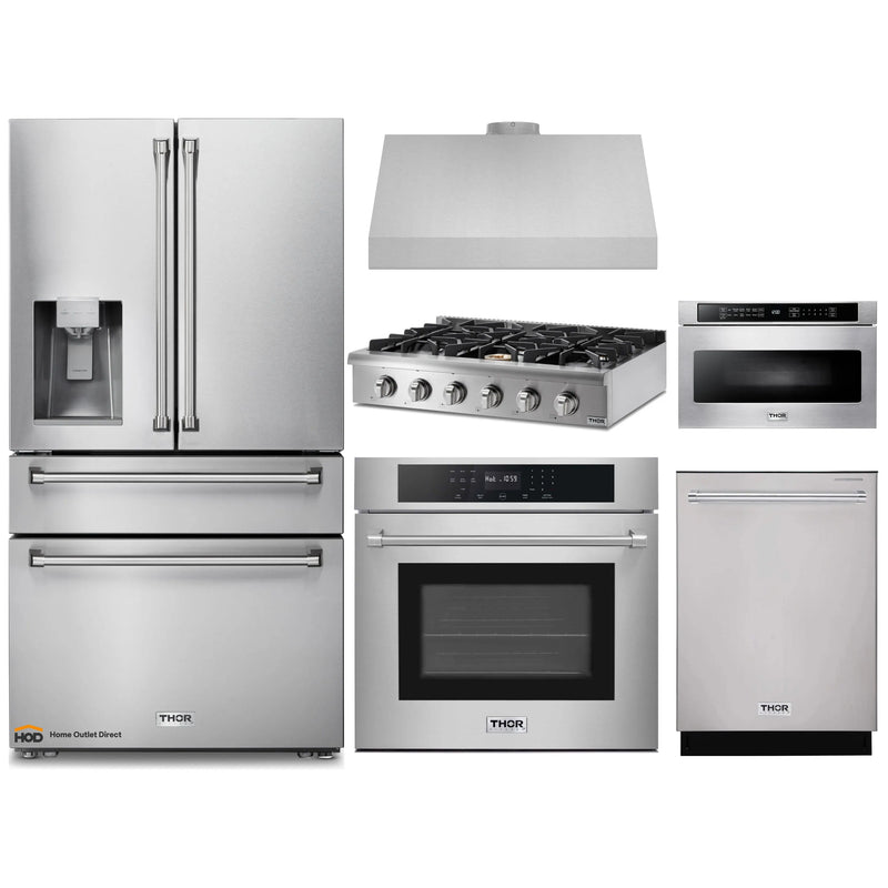 Thor Kitchen 6-Piece Pro Appliance Package - 36-Inch Rangetop, Electric Wall Oven, Under Cabinet Hood, Refrigerator with Water Dispenser, Dishwasher, & Microwave in Stainless Steel