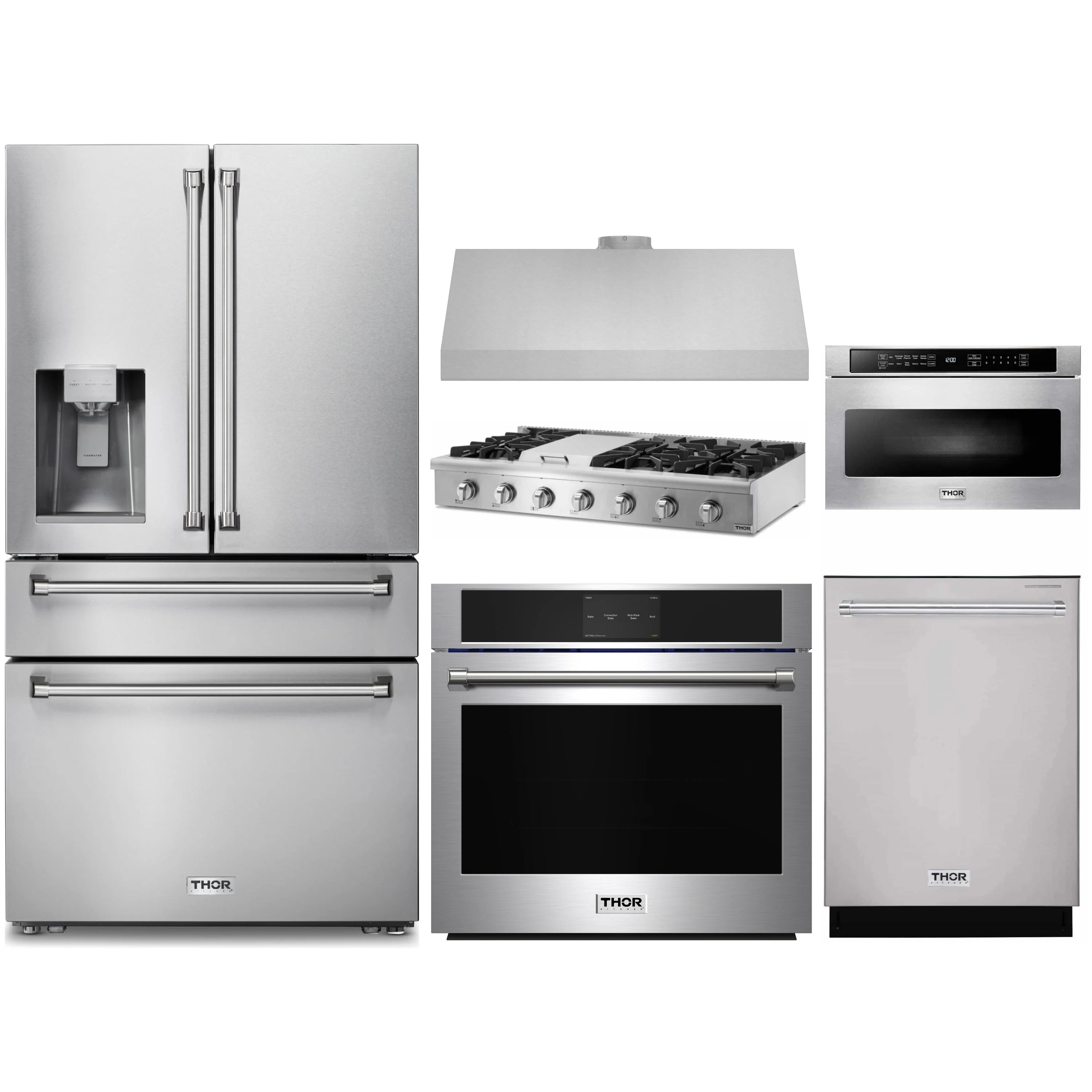 Stainless steel kitchen appliance package with refrigerator, range, oven, hood, dishwasher