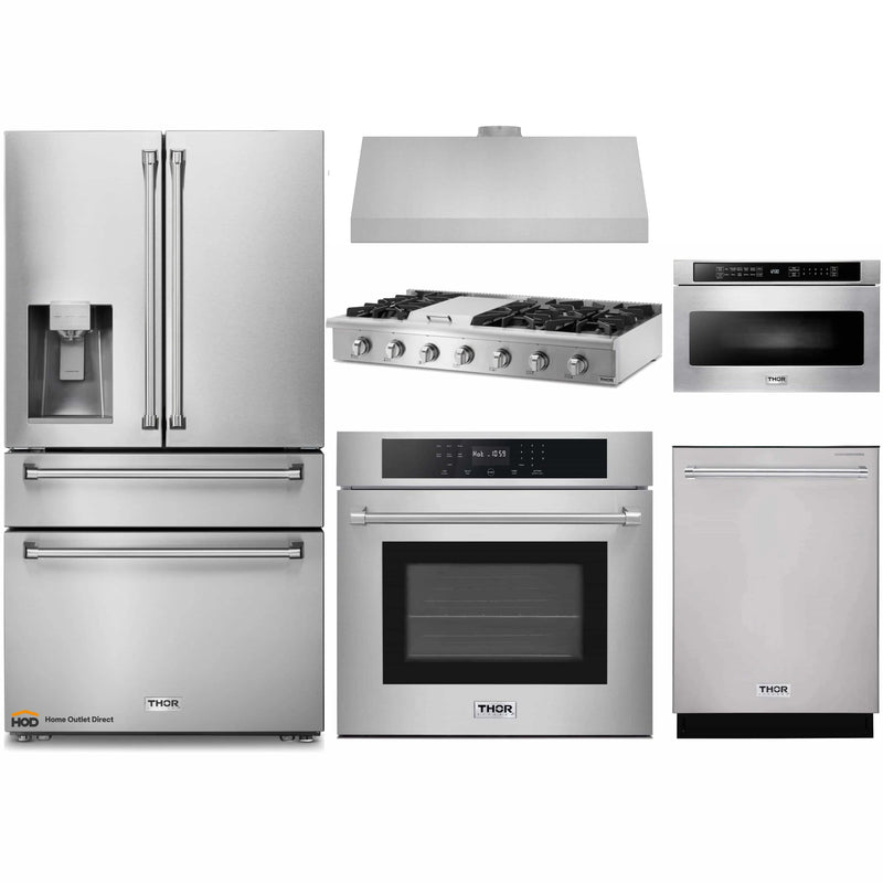 Thor Kitchen 6-Piece Appliance Package - 48-Inch Gas Range, Electric Wall Oven, Under Cabinet 11-Inch Tall Hood, Refrigerator with Water Dispenser, Dishwasher & Microwave Drawer in Stainless Steel