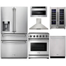 Thor Kitchen 6-Piece Appliance Package - 30-Inch Natural Gas Range, Refrigerator with Water Dispenser, Wall Mount Hood, Dishwasher, Microwave Drawer, & Wine Cooler in Stainless Steel