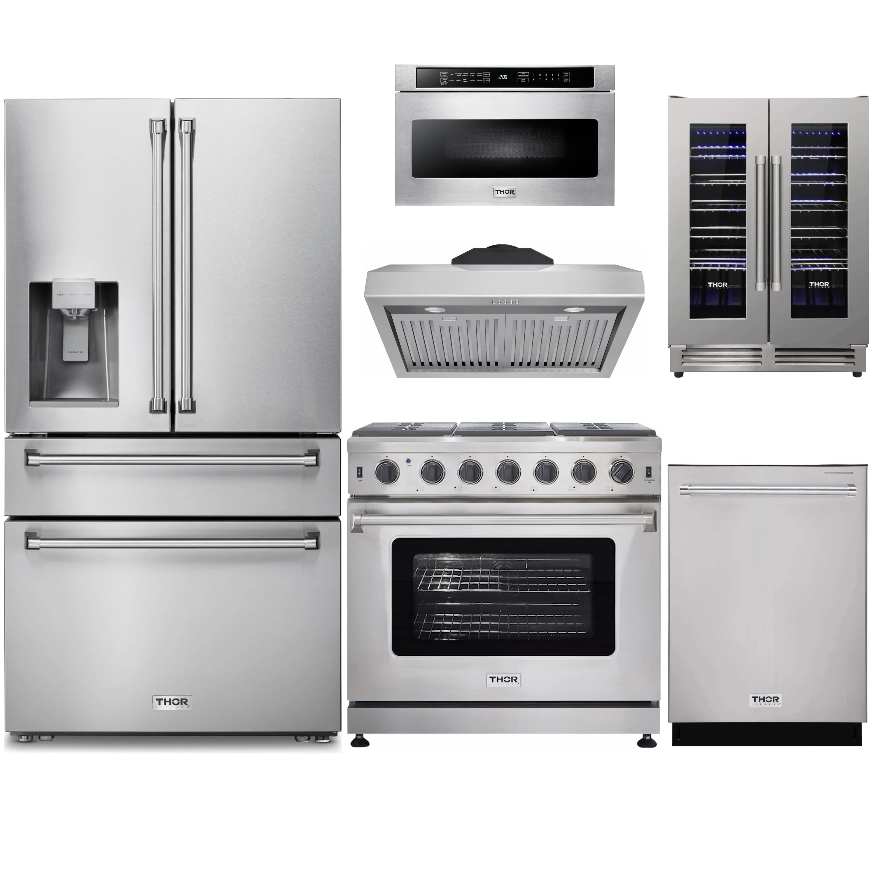 Stainless steel kitchen appliance package: refrigerator, gas range, hood, dishwasher, wine cooler