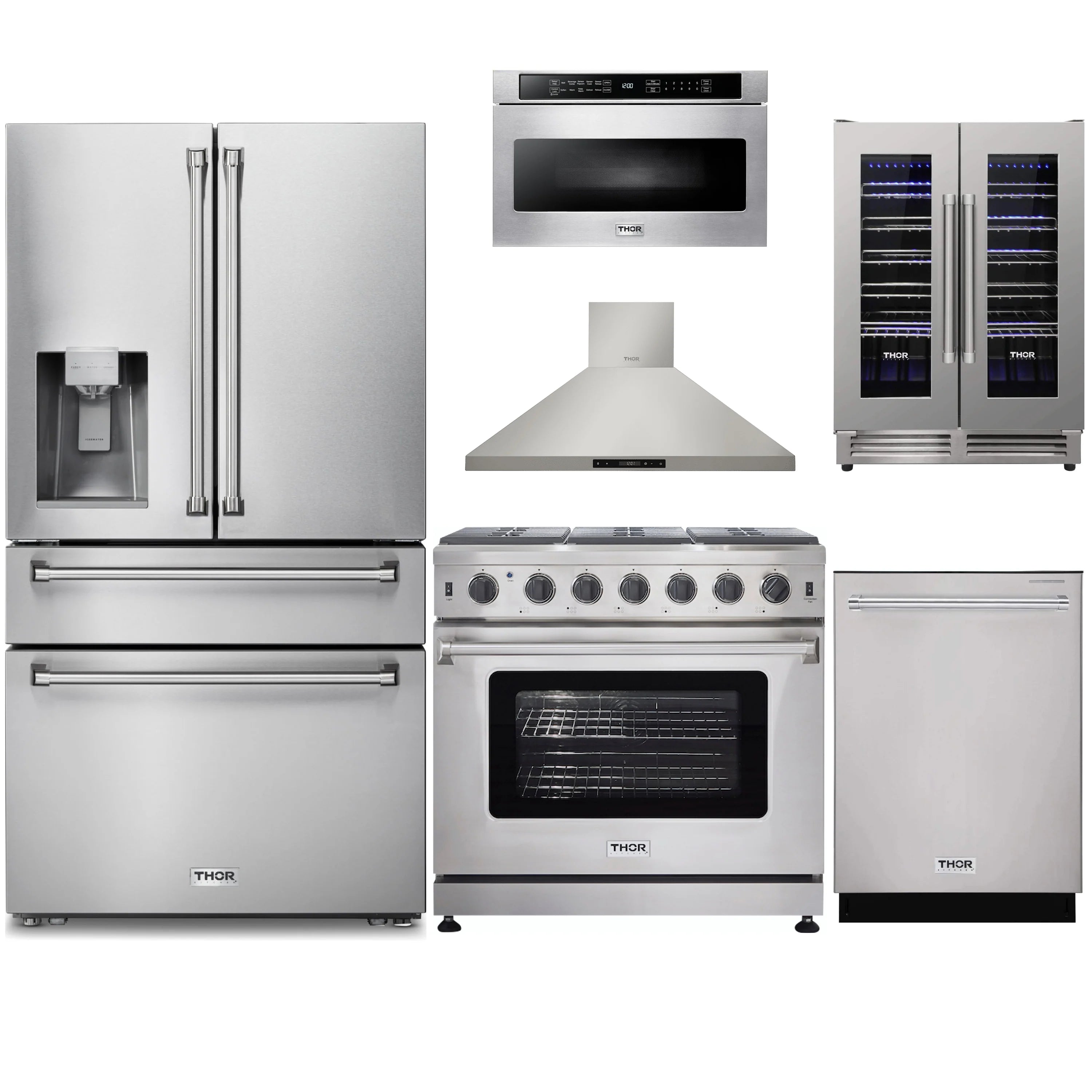 Stainless steel appliance set: refrigerator, gas range, hood, dishwasher, wine cooler