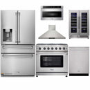 Thor Kitchen 6-Piece Appliance Package - 36-Inch Propane Gas Range, Refrigerator with Water Dispenser, Wall Mount Hood, Dishwasher, Microwave Drawer, & Wine Cooler in Stainless Steel