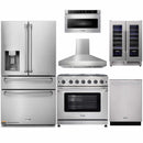 Thor Kitchen 6-Piece Appliance Package - 36-Inch Propane Gas Range, Refrigerator with Water Dispenser, Pro-Style Wall Mount Hood, Dishwasher, Microwave Drawer, & Wine Cooler in Stainless Steel