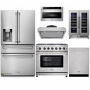 Thor Kitchen 6-Piece Appliance Package - 36-Inch Propane Gas Range, Refrigerator with Water Dispenser, Under Cabinet Hood, Dishwasher, Microwave Drawer, & Wine Cooler in Stainless Steel