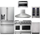Thor Kitchen 6-Piece Appliance Package - 48-Inch Gas Range, Refrigerator with Water Dispenser, Pro Wall Mount Hood, Dishwasher, Microwave Drawer, & Wine Cooler in Stainless Steel