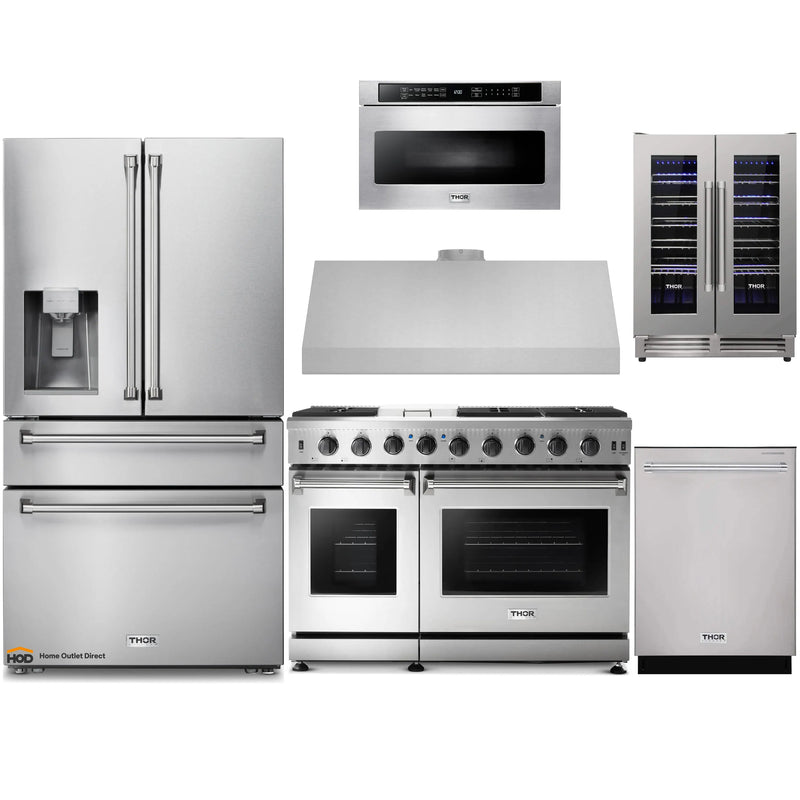Thor Kitchen 6-Piece Appliance Package - 48-Inch Gas Range, Refrigerator with Water Dispenser, Under Cabinet 11-Inch Tall Hood, Dishwasher, Microwave Drawer, & Wine Cooler in Stainless Steel