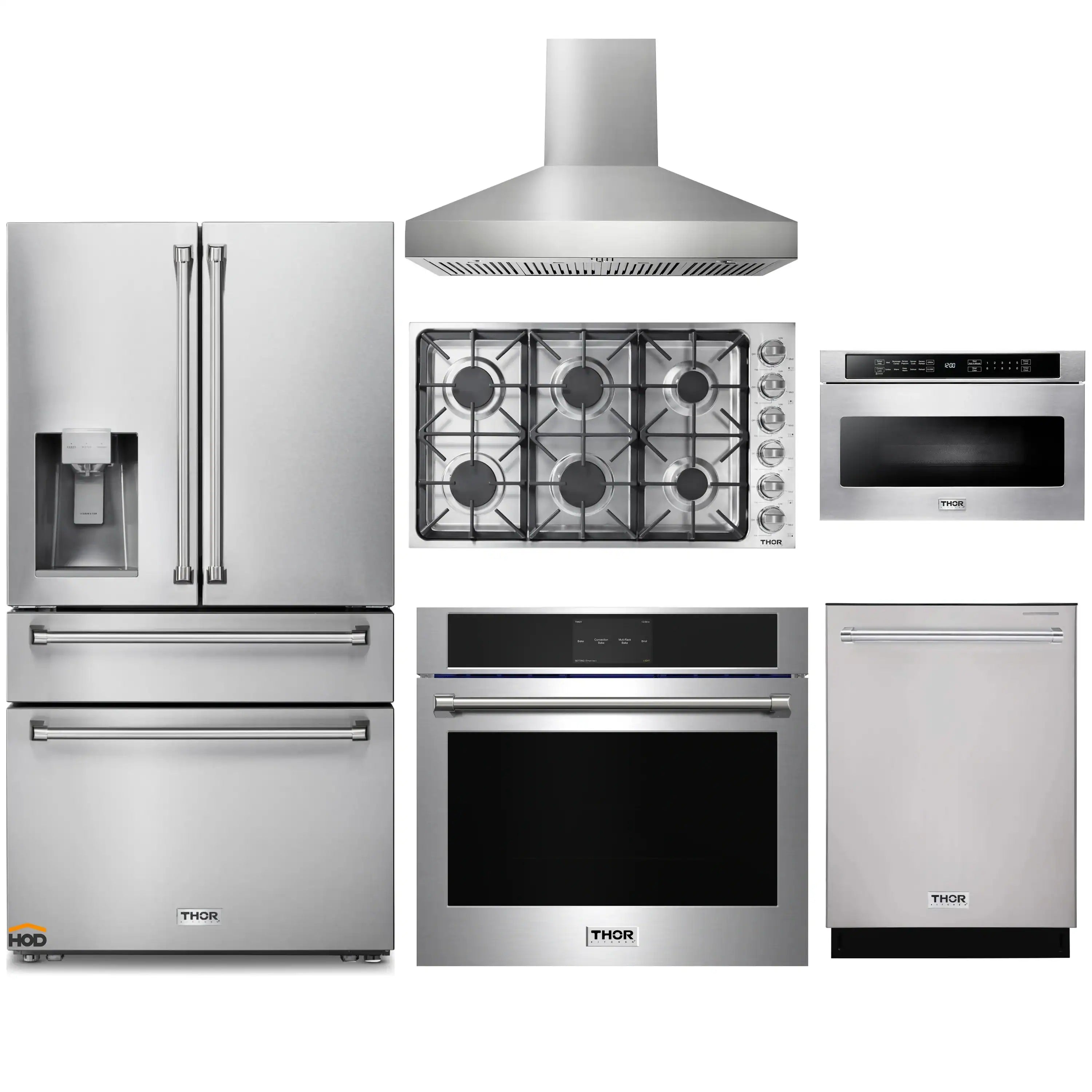 Stainless steel 6-piece pro appliance package: fridge, cooktop, hood, oven, dishwasher