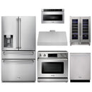 Thor Kitchen 6-Piece Appliance Package - 36-Inch Electric Range with Tilt Panel, Refrigerator with Water Dispenser, Under Cabinet Hood, Dishwasher, Microwave Drawer, & Wine Cooler in Stainless Steel
