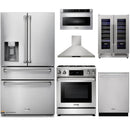 Thor Kitchen 6-Piece Appliance Package - 30-Inch Propane Gas Range, Tilt Panel, Refrigerator with Water Dispenser, Wall Mount Hood, Dishwasher, Microwave Drawer, & Wine Cooler in Stainless Steel