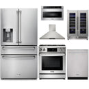 Thor Kitchen 6-Piece Appliance Package - 30-Inch Gas Range with Tilt Panel, Refrigerator with Water Dispenser, Wall Mount Hood, Dishwasher, Microwave Drawer, & Wine Cooler in Stainless Steel