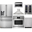 Thor Kitchen 6-Piece Appliance Package - 36-Inch Propane Gas Range, Tilt Panel, Refrigerator with Water Dispenser, Wall Mount Hood, Dishwasher, Microwave Drawer, & Wine Cooler in Stainless Steel
