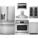 Thor Kitchen 6-Piece Appliance Package - 36-Inch Propane Gas Range, Tilt Panel, Refrigerator with Water Dispenser, Pro-Style Wall Mount Hood, Dishwasher, Microwave Drawer, & Wine Cooler in Stainless Steel