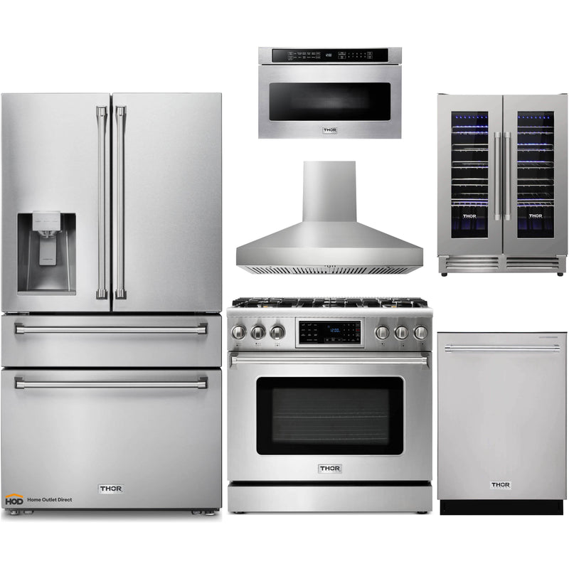 Thor Kitchen 6-Piece Appliance Package - 36-Inch Propane Gas Range, Tilt Panel, Refrigerator with Water Dispenser, Pro-Style Wall Mount Hood, Dishwasher, Microwave Drawer, & Wine Cooler in Stainless Steel