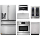 Thor Kitchen 6-Piece Appliance Package - 36-Inch Gas Range with Tilt Panel, Refrigerator with Water Dispenser, Under Cabinet Hood, Dishwasher, Microwave Drawer, & Wine Cooler in Stainless Steel