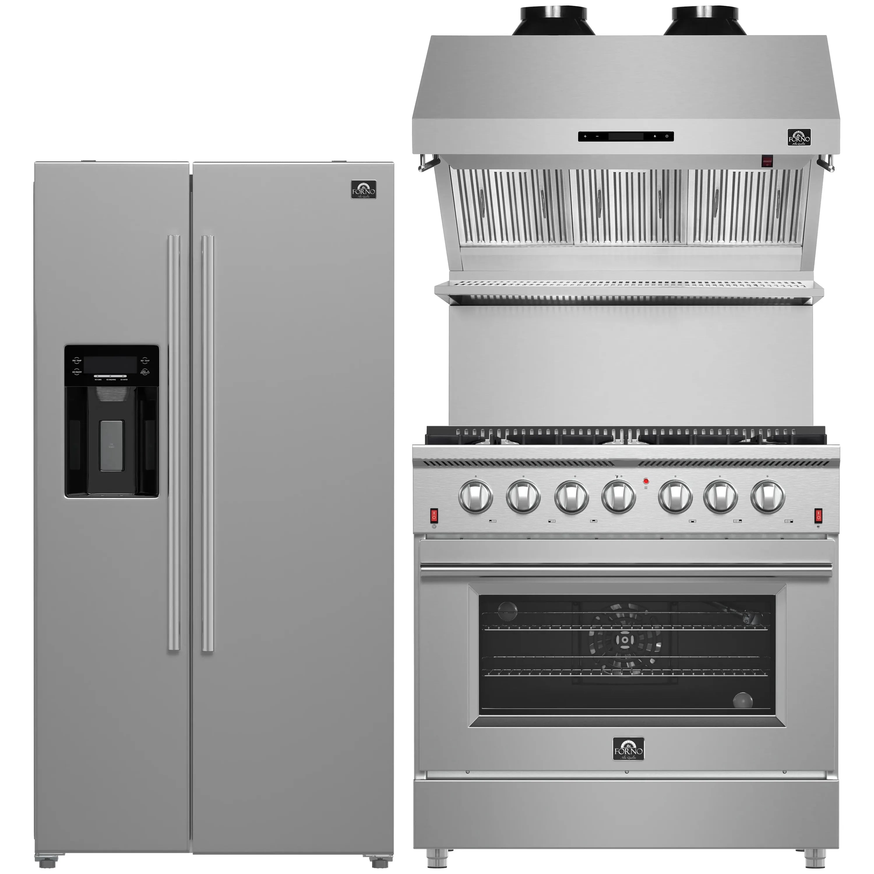 Forno 3-Piece Appliance Package - 36-Inch Gas Range, Refrigerator with Water Dispenser, & Wall Mount Hood with Backsplash in Stainless Steel