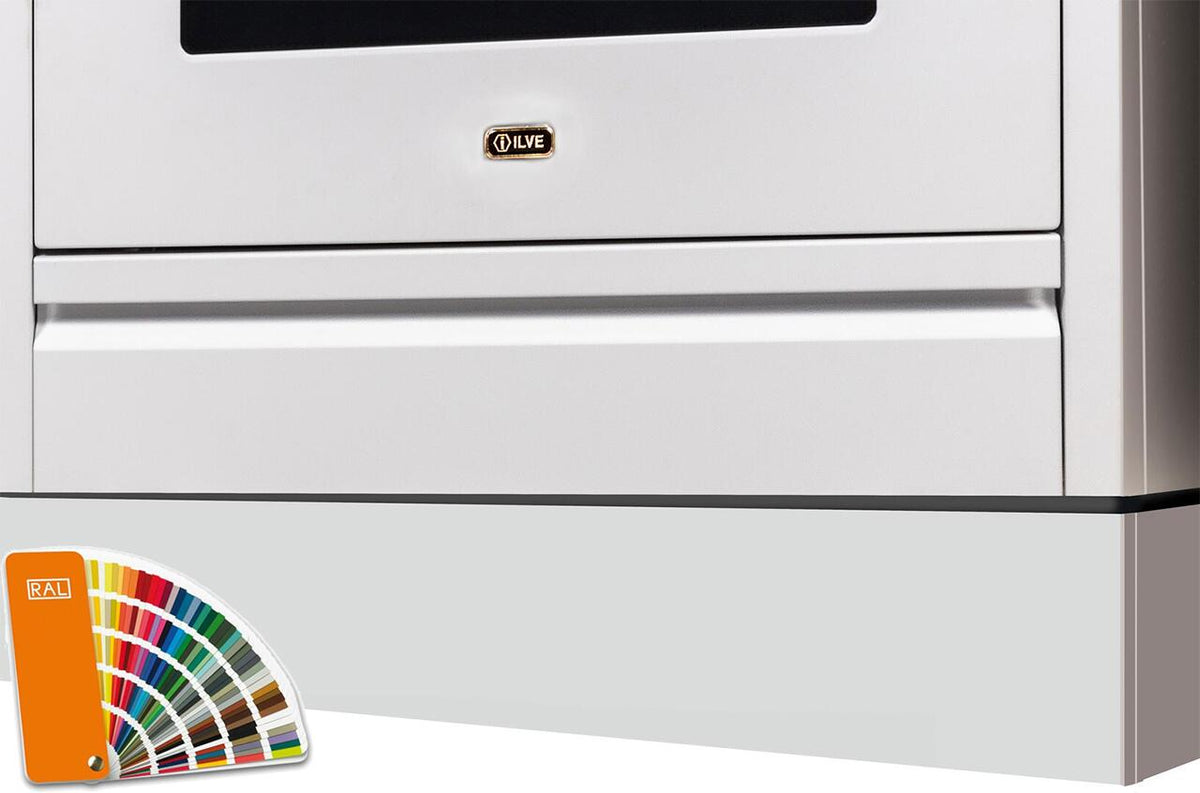ILVE toe kick panel in light gray, with straight metal trim and recessed base edge