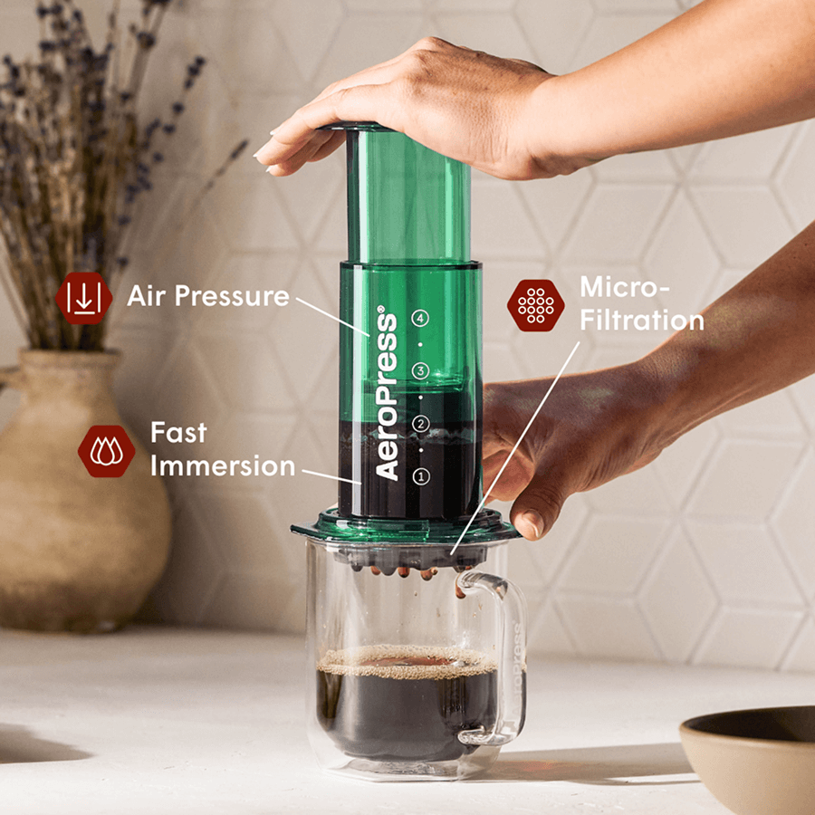 Green 3-in-1 coffee maker held above a mug of brewed coffee