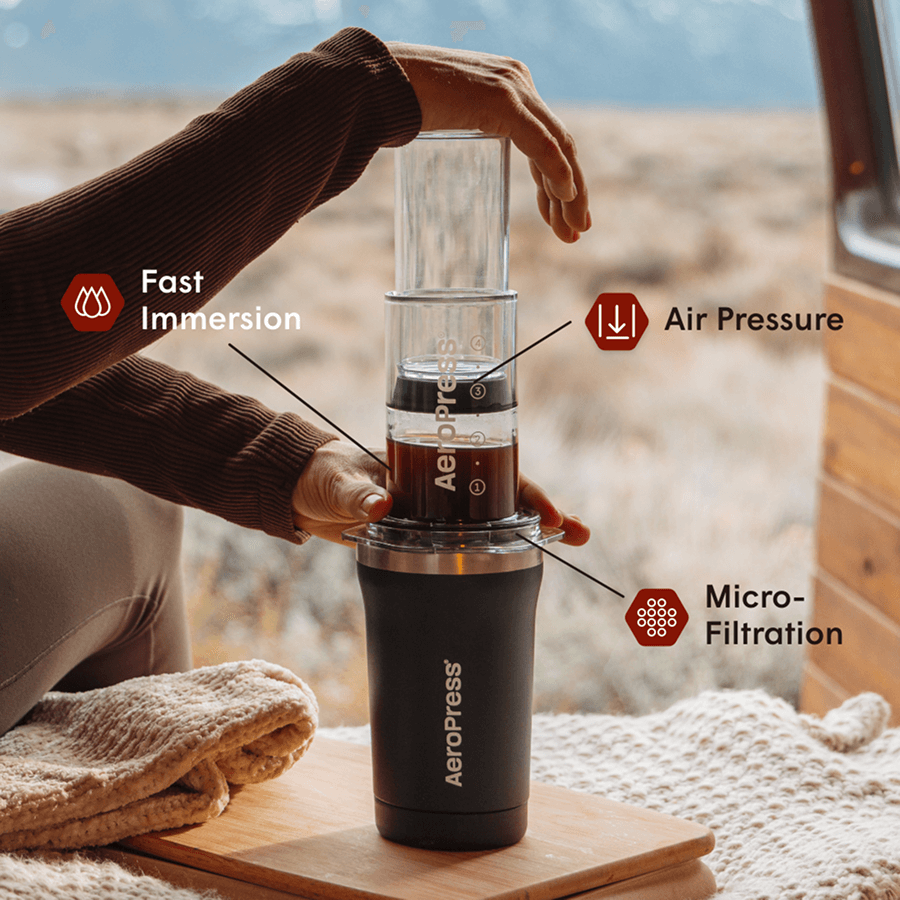 Black AeroPress 3-in-1 coffee maker in use, hands assembling clear brewing chamber