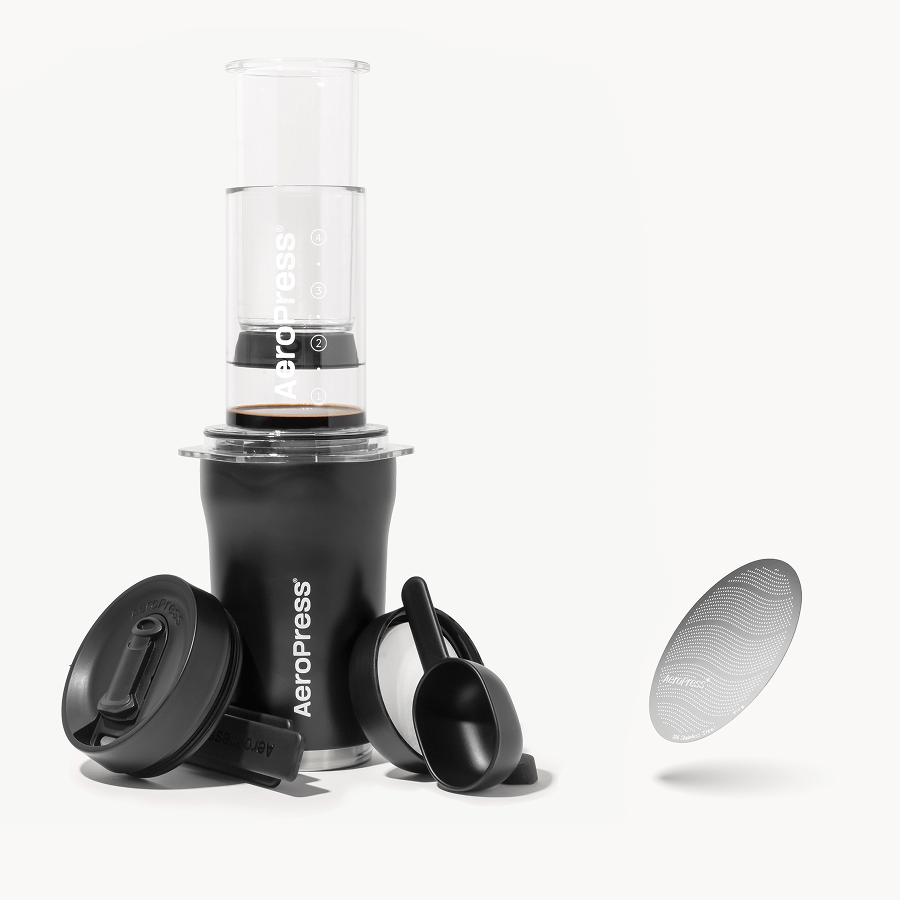 AeroPress Go Plus Coffee Maker & Stainless Steel Filter Traveler's Bundle, 3-in-1 Brewing with 16 oz Tumbler