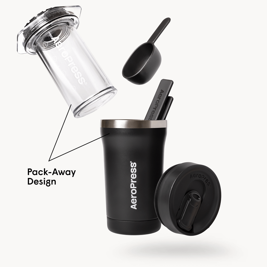 AeroPress Go Plus Coffee Maker & Stainless Steel Filter Traveler's Bundle, 3-in-1 Brewing with 16 oz Tumbler