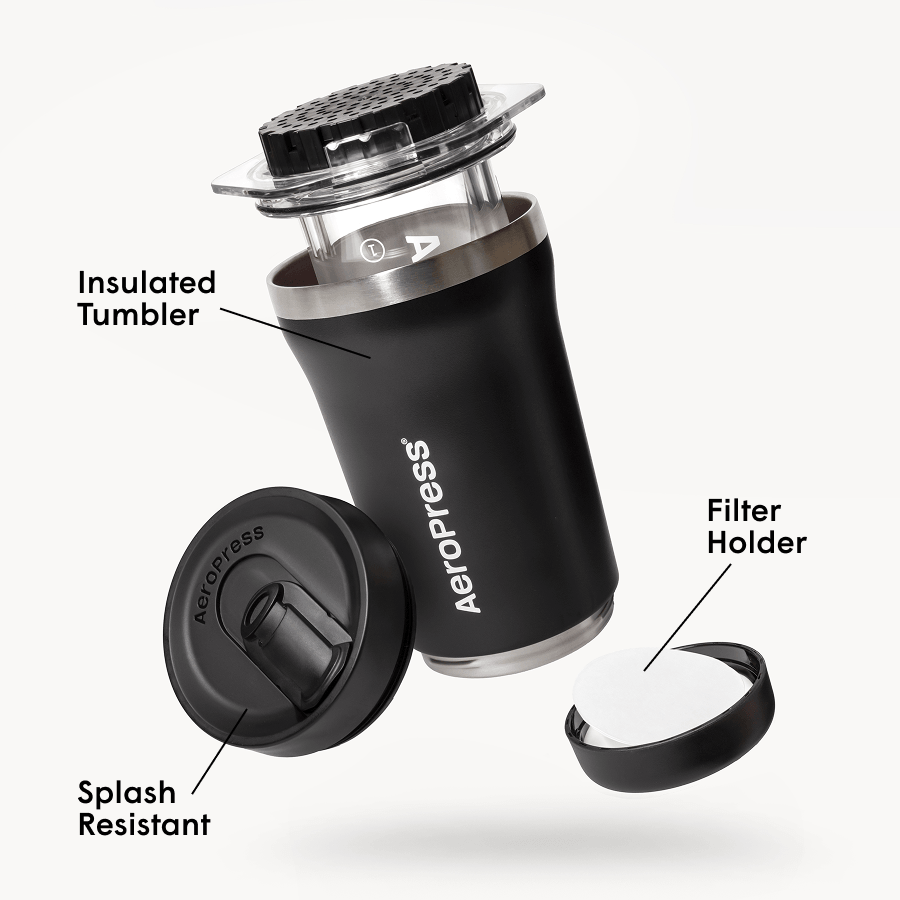AeroPress Go Plus Coffee Maker & Stainless Steel Filter Traveler's Bundle, 3-in-1 Brewing with 16 oz Tumbler