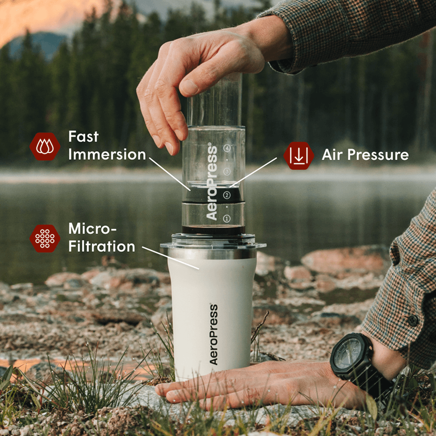 AeroPress Go Plus Coffee Maker & Stainless Steel Filter Traveler's Bundle, 3-in-1 Brewing with 16 oz Tumbler