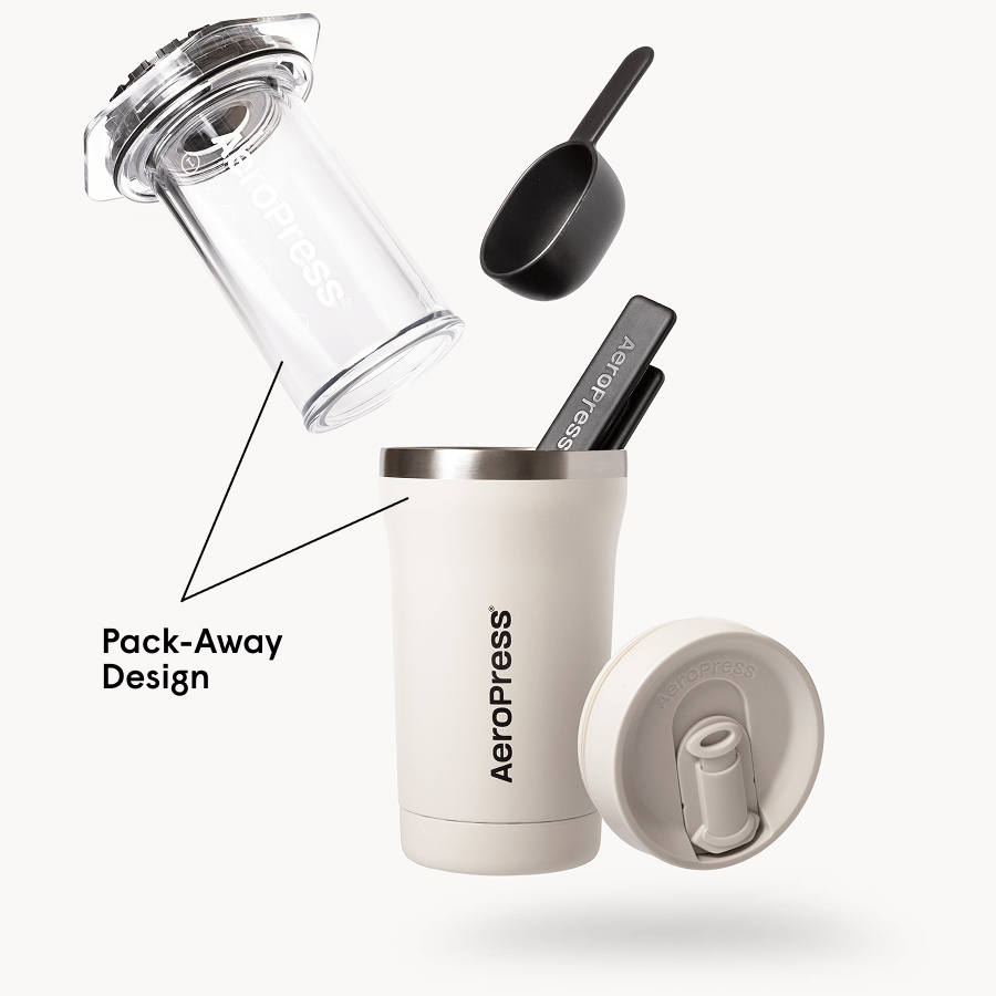 AeroPress Go Plus Coffee Maker & Stainless Steel Filter Traveler's Bundle, 3-in-1 Brewing with 16 oz Tumbler