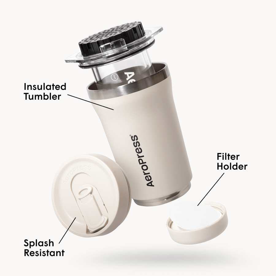 AeroPress Go Plus Coffee Maker & Stainless Steel Filter Traveler's Bundle, 3-in-1 Brewing with 16 oz Tumbler