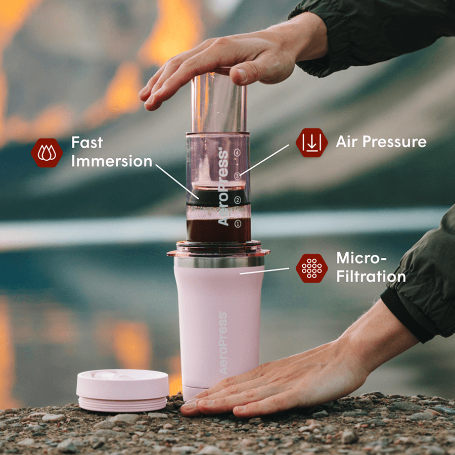 AeroPress Go Plus Coffee Maker & Stainless Steel Filter Traveler's Bundle, 3-in-1 Brewing with 16 oz Tumbler