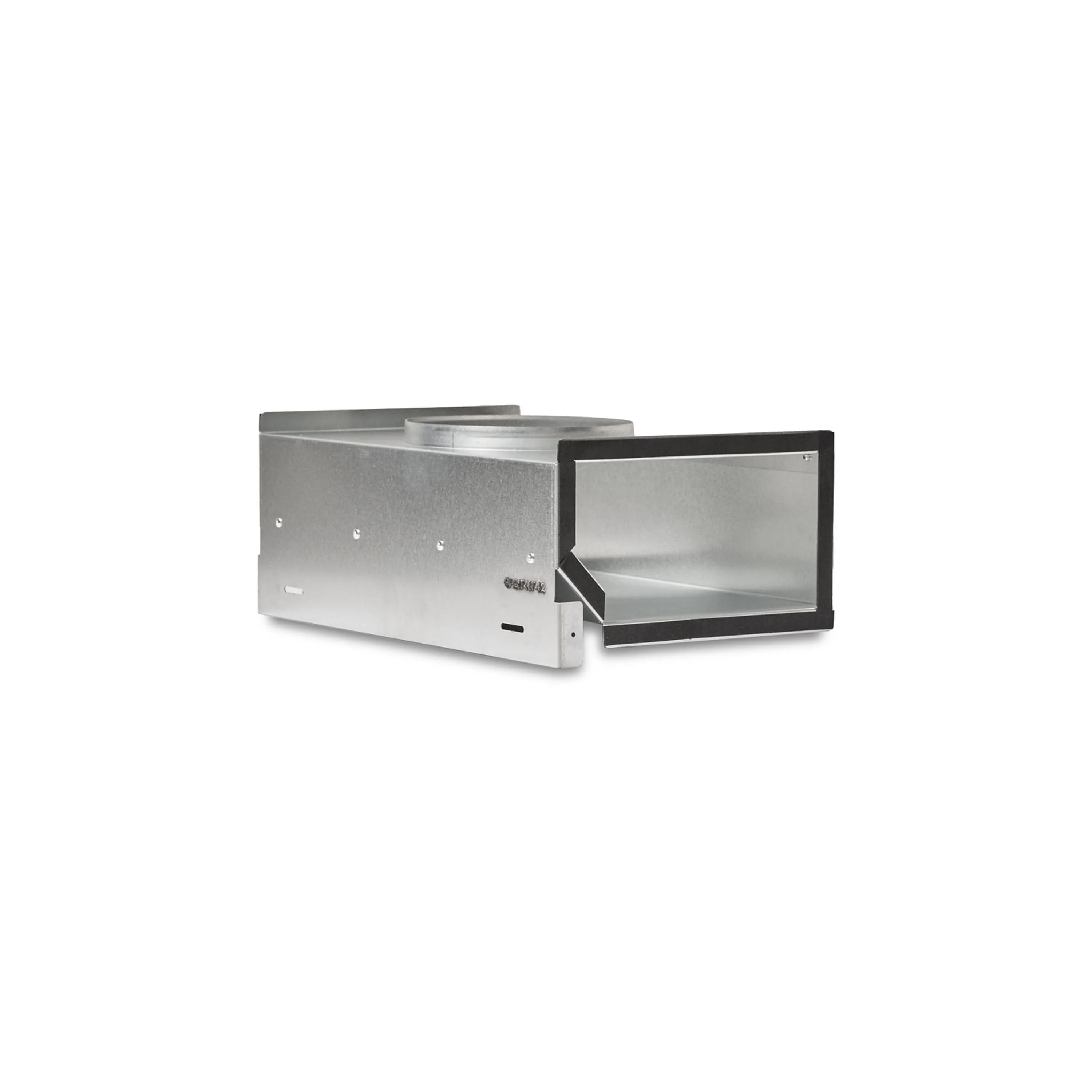 Stainless steel range hood duct kit with open front housing panel, side view