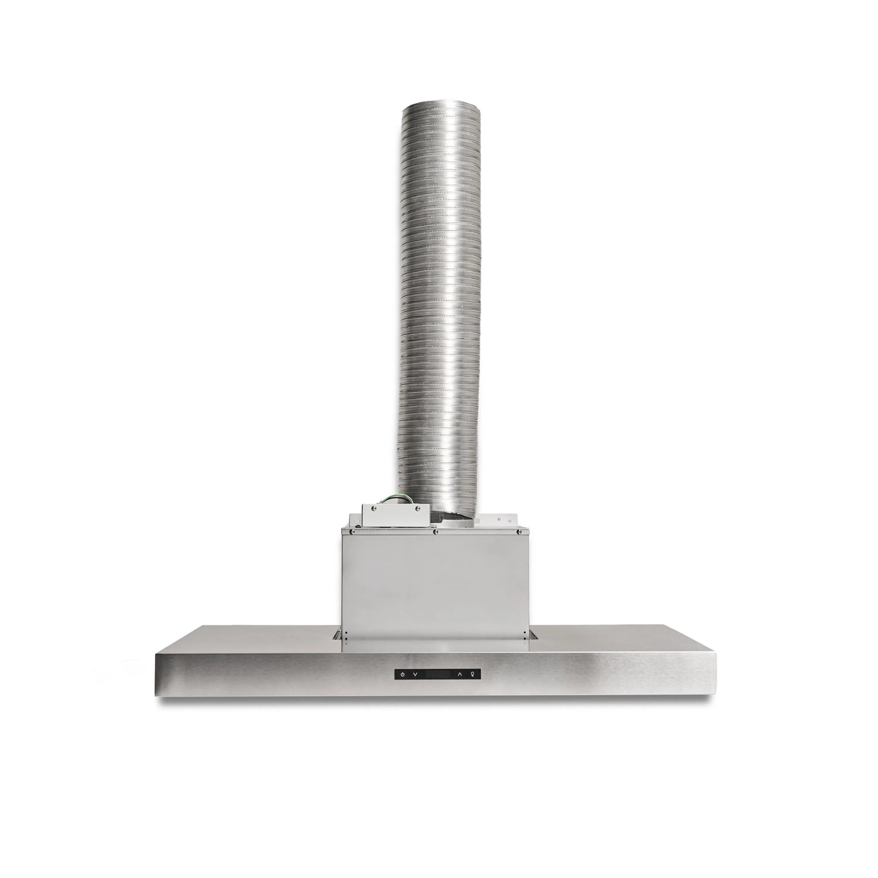 Stainless steel T-shaped recirculating range hood with vertical vent stack, front view