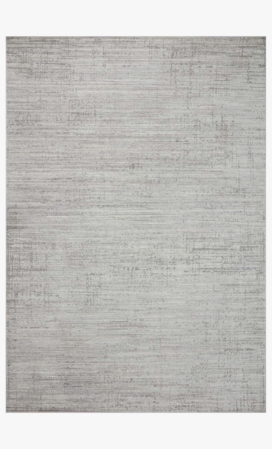 Silver and grey rectangular accent rug with distressed linear pattern, flat view