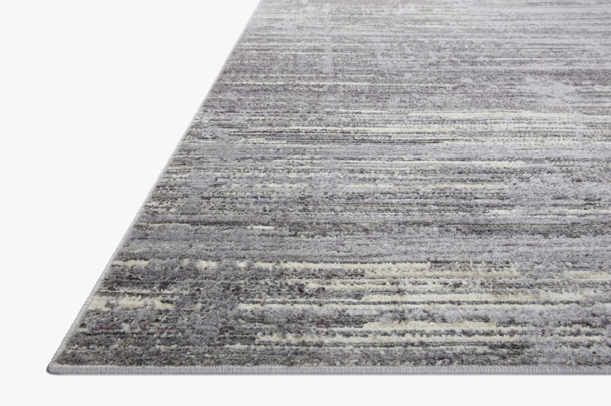 Contemporary area rug with blue-gray and light gray horizontal striped weave.