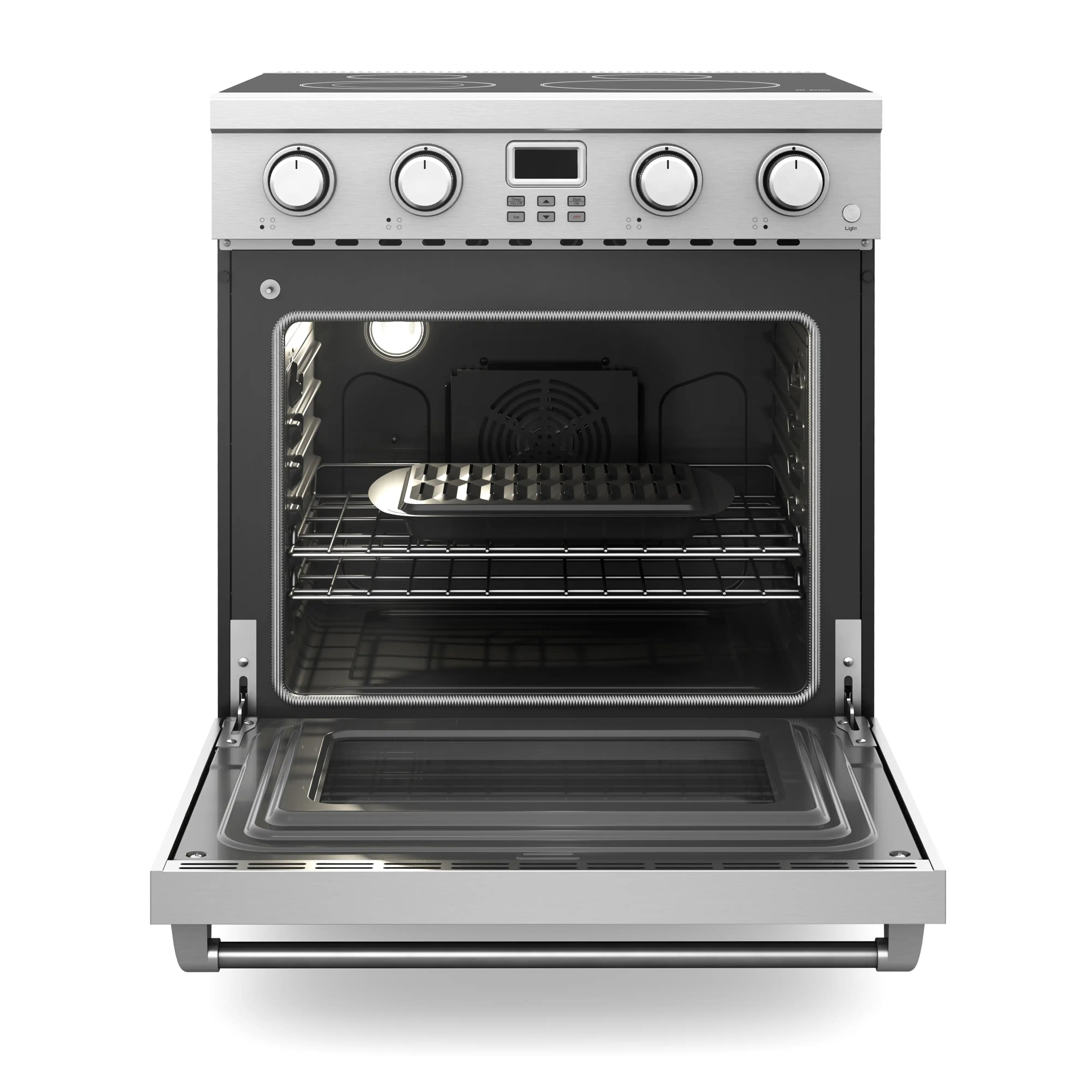 Stainless steel electric range with oven door open and wire oven racks inside