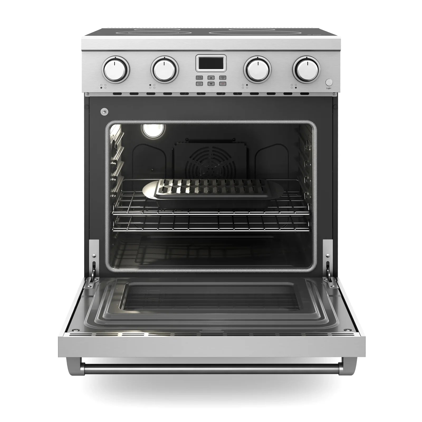 Electric range with open oven door showing racks and dark interior