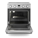 Stainless steel electric range with oven door open and wire oven racks inside