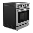 Electric range with black side panel, stainless trim, and front oven window