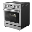 Stainless steel and black electric range with oven door window and front control knobs