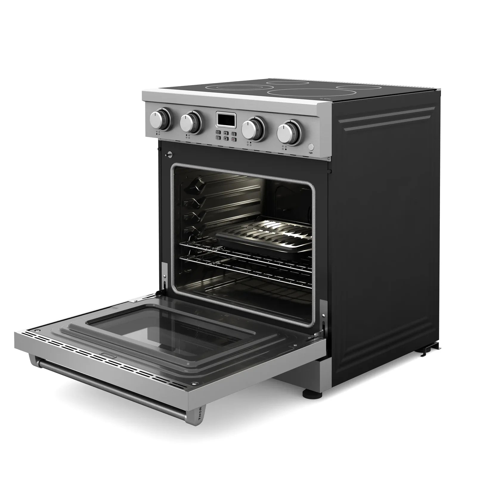 Electric range with oven door opened to a dark baking compartment and rack