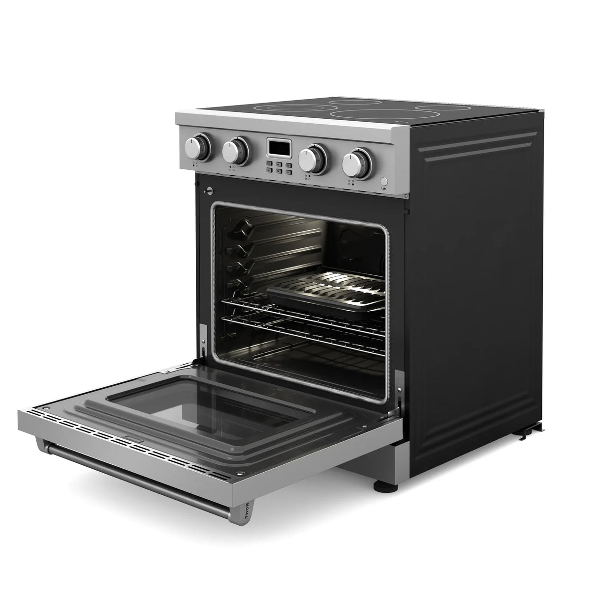 Stainless steel electric range with open oven door and front control panel