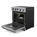 Electric range with oven door open and baking rack visible, glass viewing window