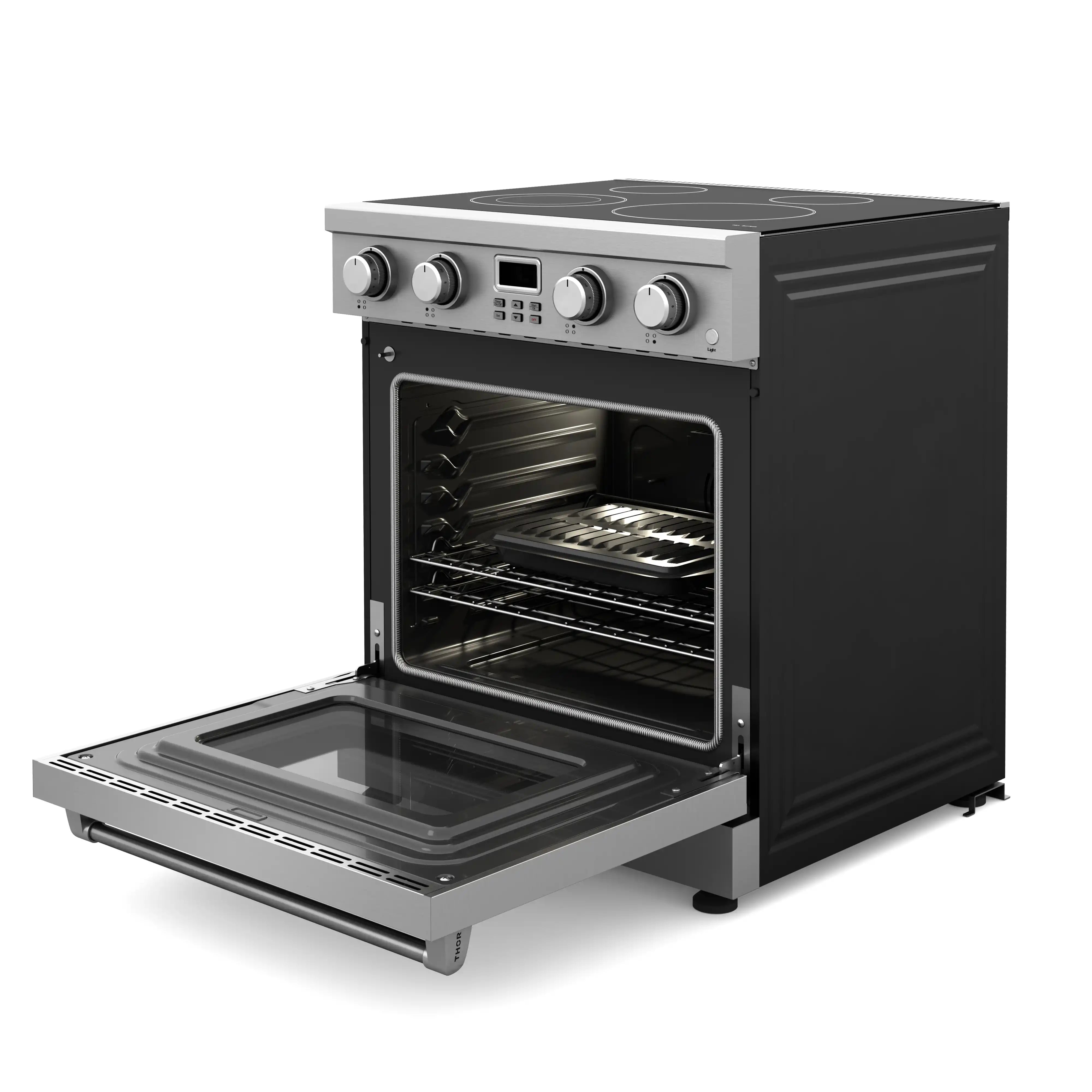 Electric range with oven door open and baking rack visible, glass viewing window