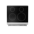 Electric cooktop with four black glass burners and control panel on a stainless range