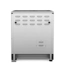 Stainless steel electric range with multiple burner control knobs and storage drawer