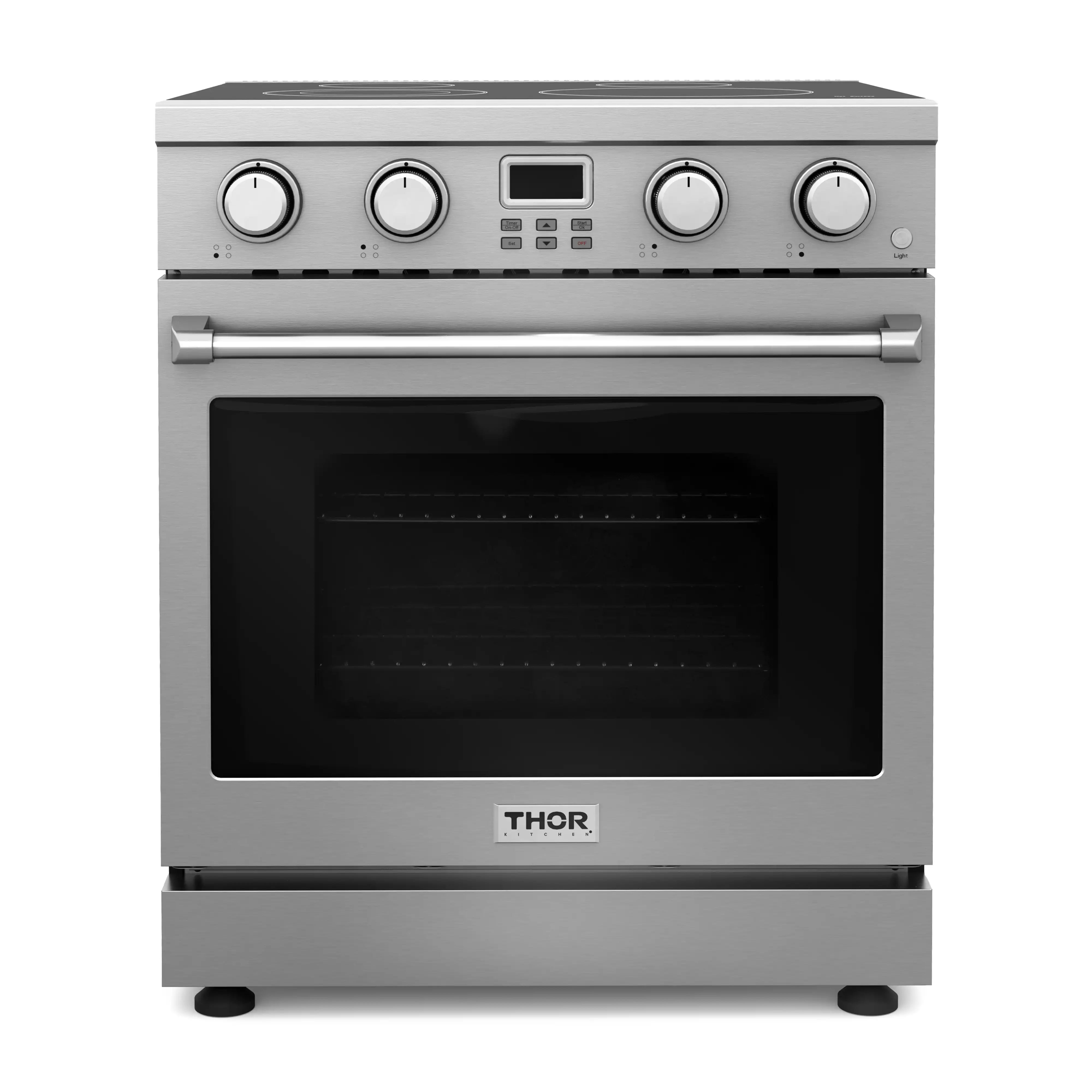 Stainless steel electric range with oven door closed, front control knobs, and display
