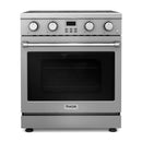Stainless steel electric range with oven door closed, front control knobs, and display