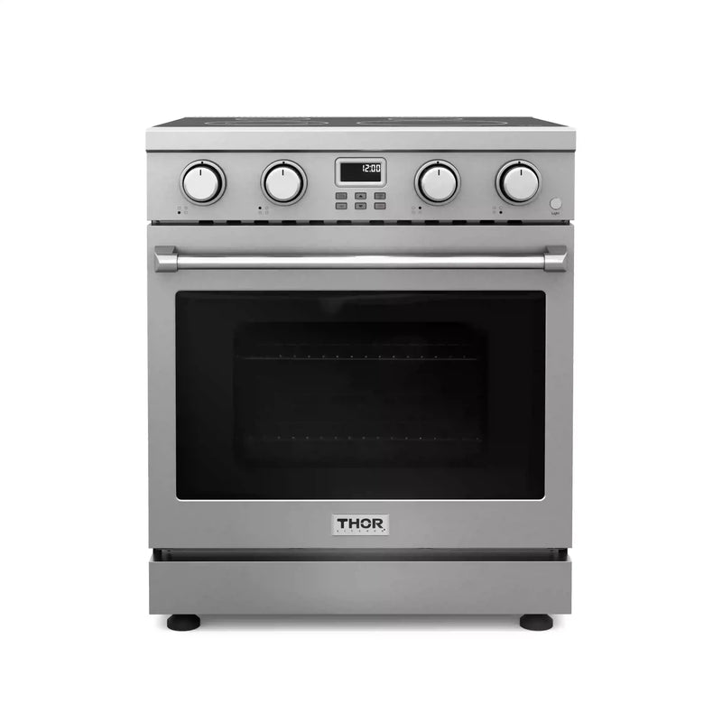 Thor Kitchen A-Series 4-Piece Appliance Package - 30-Inch Electric Range, Wall Mount Range Hood, Refrigerator, and Dishwasher in Stainless Steel