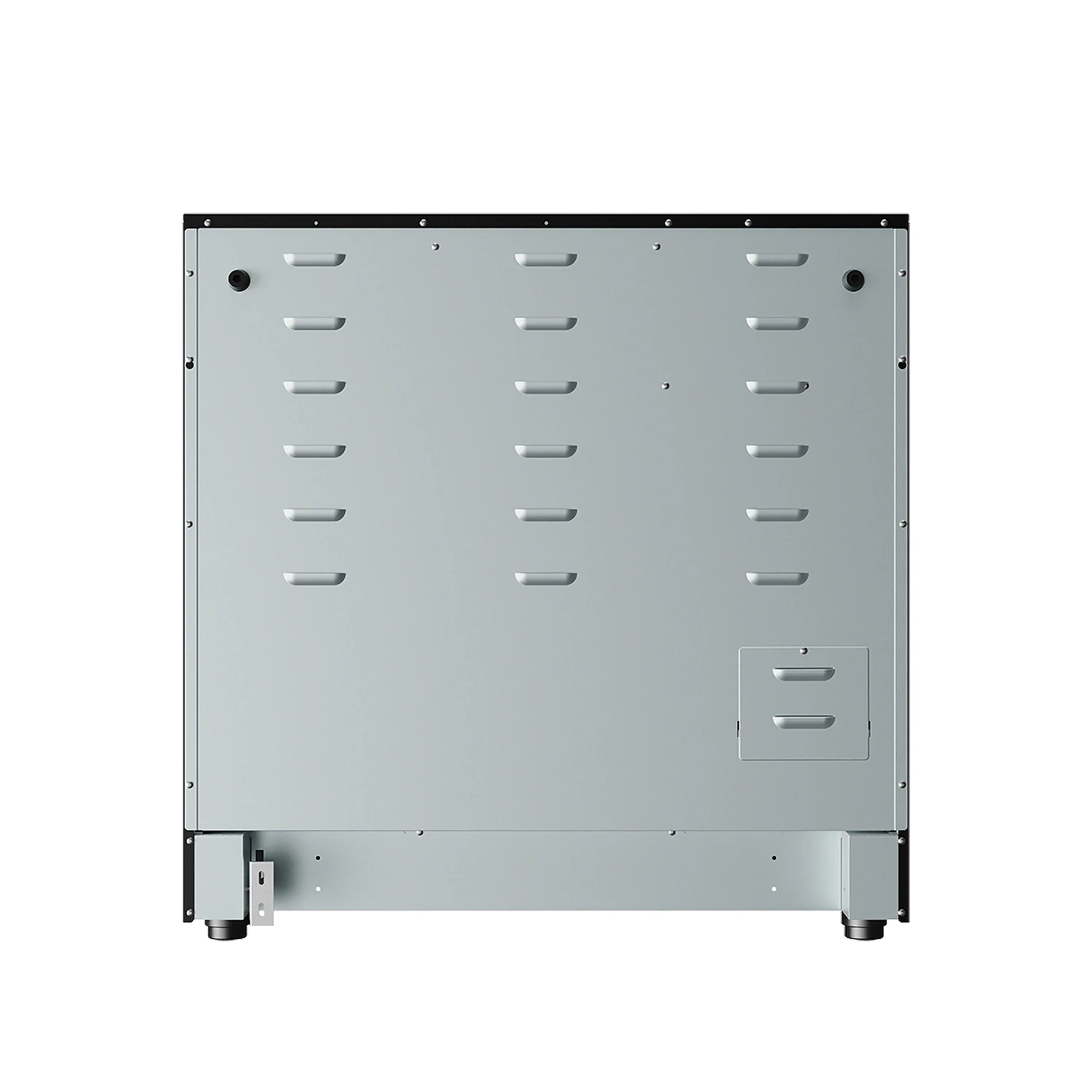 Black electric range rear panel with vent openings and leveling feet